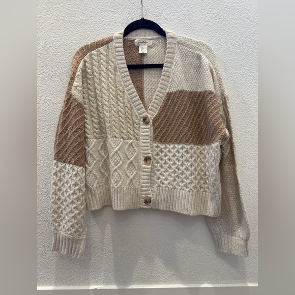 Jessica Simpson Sweaters - Cream Patchwork Boxy Cable-Knit Cardigan Sweater